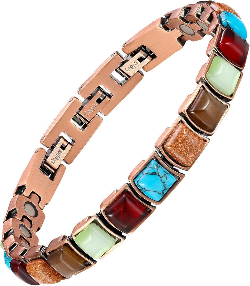 Feraco Pure Copper Bracelets for Women, Ultra Strength Magnetic Bracelet with 3800 Gauss Magnets & Natural Turquoise & Stones, Adjustable, Jewelry Gift - Image 1